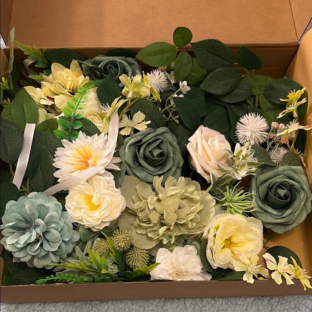 Faux Floral Mixed Bouquet in Cream, Yellow & Sage Green